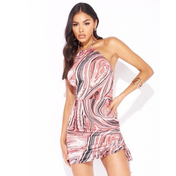 Dresses & Skirts - Marble Print Sleeveless Halter Neck Open Back Ruched Bodycon Mini Dress